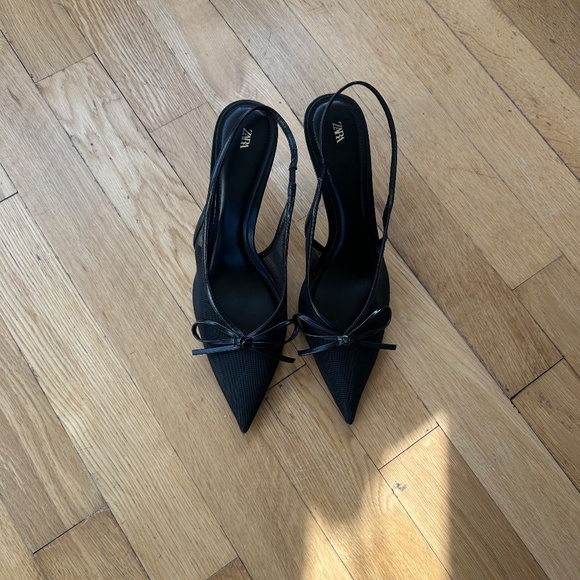 Zara Black Bow Slingbacks | Mesh Heels | Cocktail & Evening Style Sz 42 - Picture 3 of 4